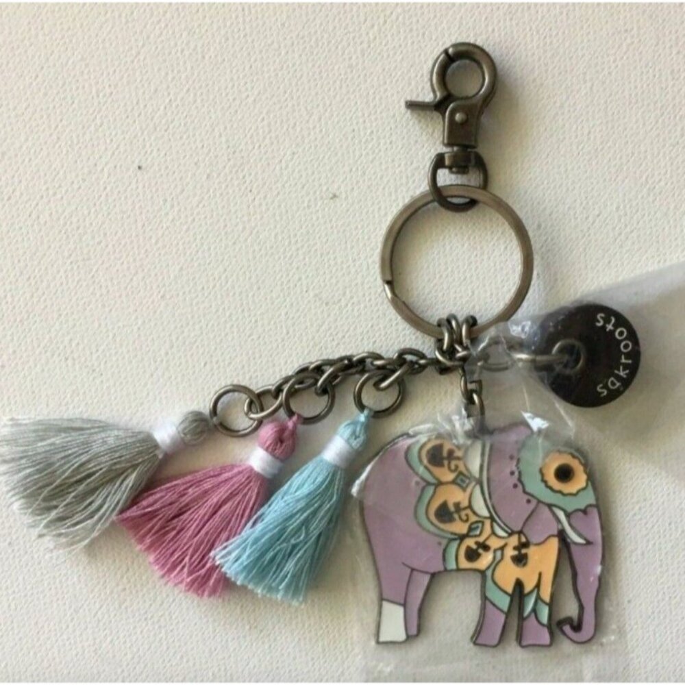 SAKROOTS Enamel Elephant Keychain Fob Purse Charm Purple Multi Tassels